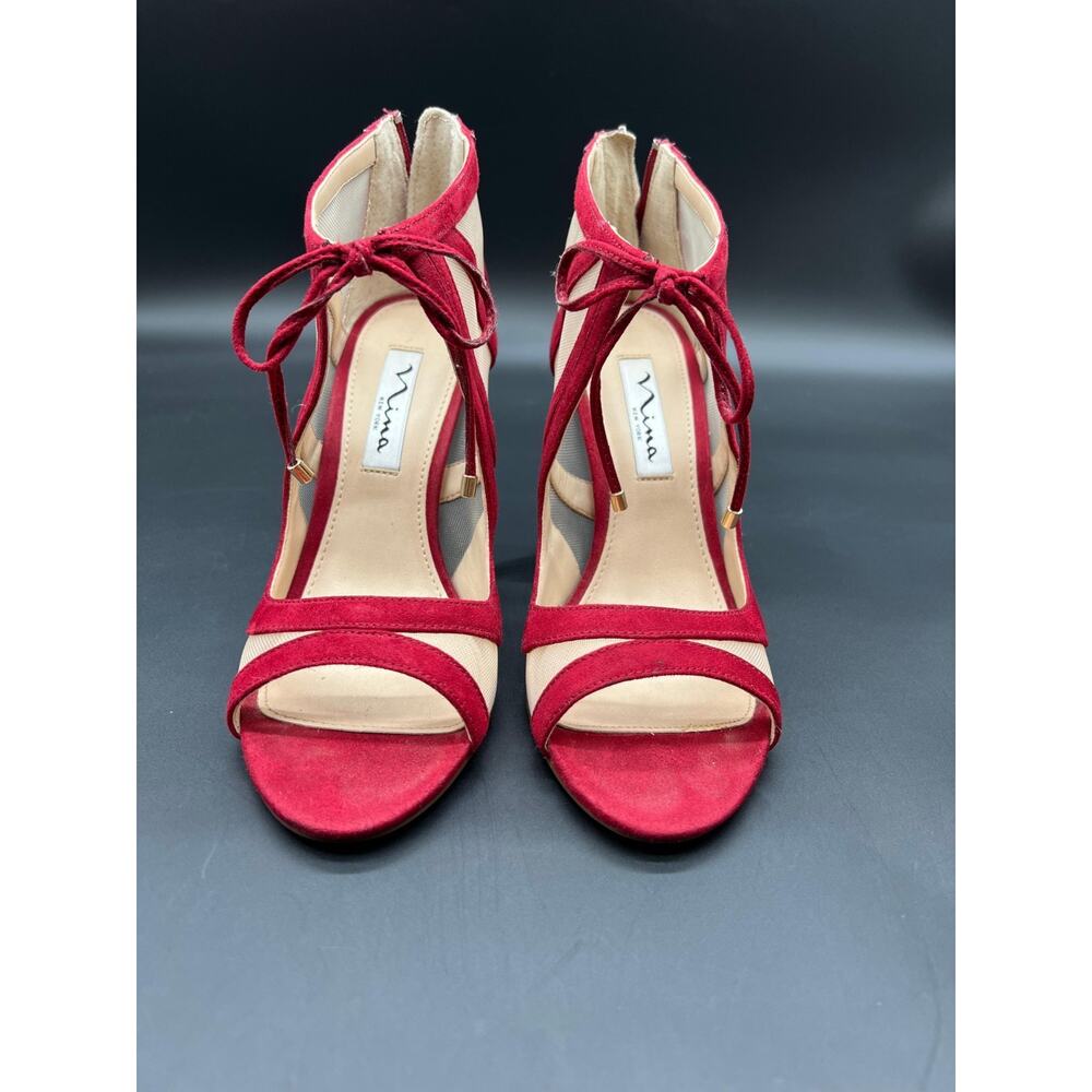 Niña Cherie Red & Nude Mesh Heels 6M Open Toe Zip & Tie Suede